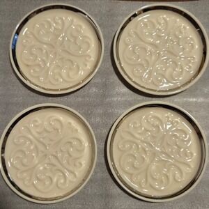 Lenox Ivory Bone China Coasters Set/4 Platinum Rim Scroll Filigree Made in USA
